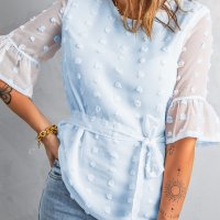 Дамска блуза в синьо с принт на точки и колан, снимка 3 - Корсети, бюстиета, топове - 40499342