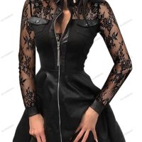 Модна дамска рокля от изкуствена кожа с дълъг ръкав и V-образно деколте, 6модела - 024, снимка 5 - Рокли - 42318593