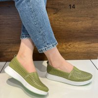 Дамски обувки от естествена кожа с перфорация в зелено , снимка 1 - Дамски ежедневни обувки - 36795836