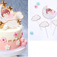 Бебе момиченце ангел на луна и облаци 5 бр картонени топер клечки украса за торта пита кръщене, снимка 1 - Други - 29792844