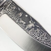 Руски ловен сгъваем нож с кожен калъф гравиран елен и ловец  100х230 мм, снимка 8 - Ножове - 40770204