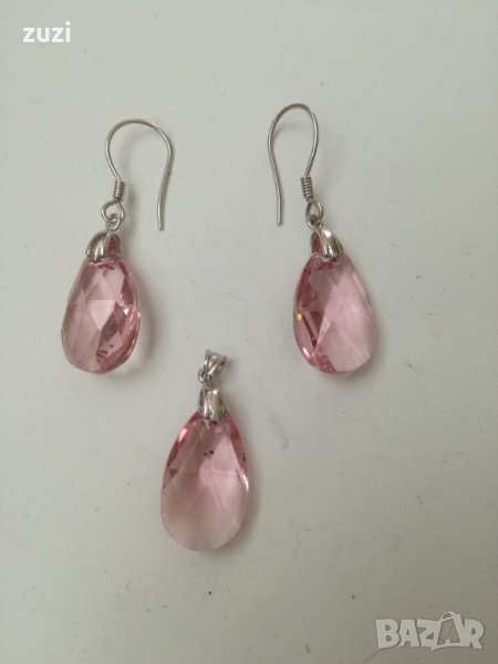Сребърен комплект с розов цирконий, сребро проба 925 , снимка 1