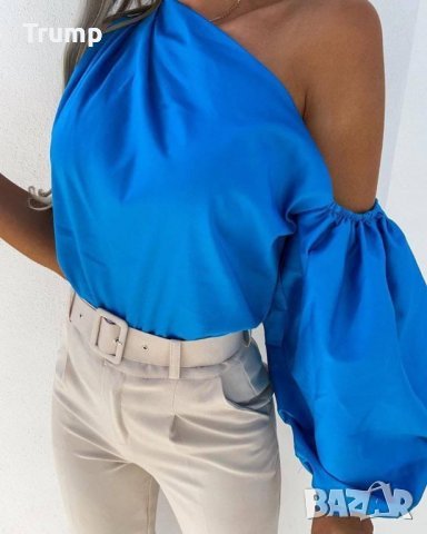 -35% Ефектна блуза, един ръкав, цвят турско синъо, снимка 1