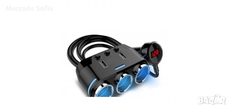 Разклонител за запалка 3 в 1, 3 гнезда, USB, вграден ВОЛТМЕТЪР , снимка 1