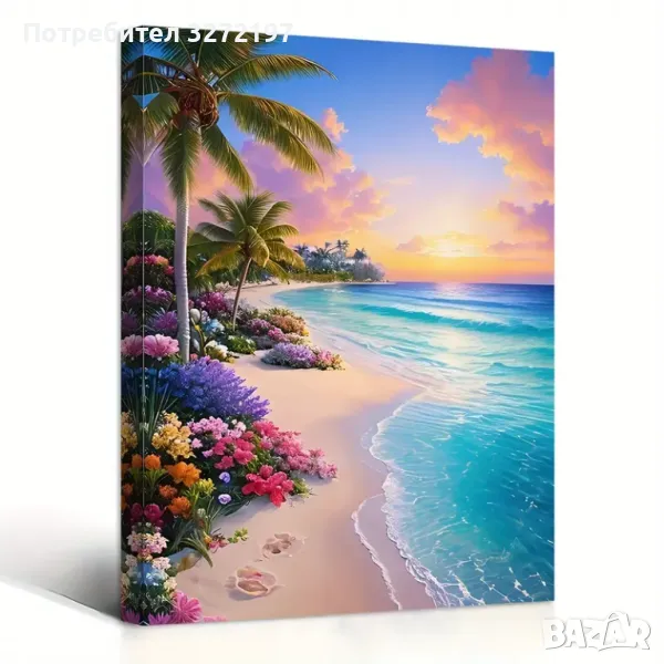 Картина на платно с дървена рамка-Плажна Сцена със Залез и Цветя,30x40 см., снимка 1