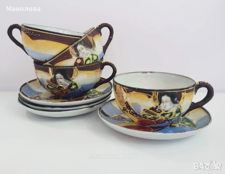 Японски порцеланови чаши с чинийки за кафе Satsuma Moriage., снимка 1