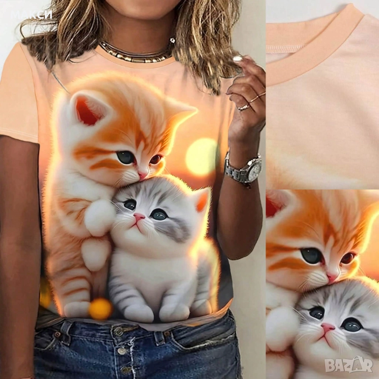 Макси модерна красива еластична и мека тениска със сладки котета, снимка 1