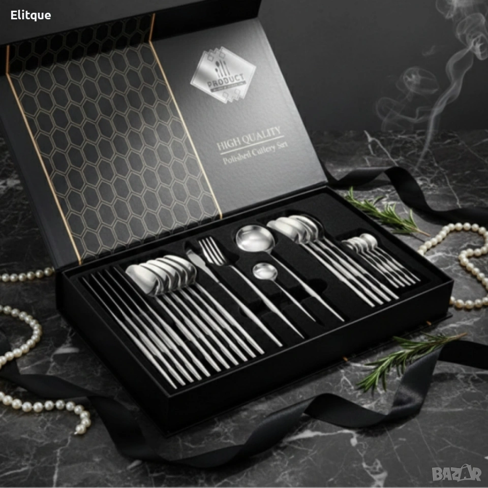 Комплект прибори за хранене в сребрист цвят от 24 части с луксозен дизайн и магнитна кутия, снимка 1