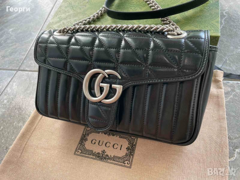 Оригинална Гучи Черна Кожена чанта Gucci Marmont Дръжка И Синджирv GG, снимка 1