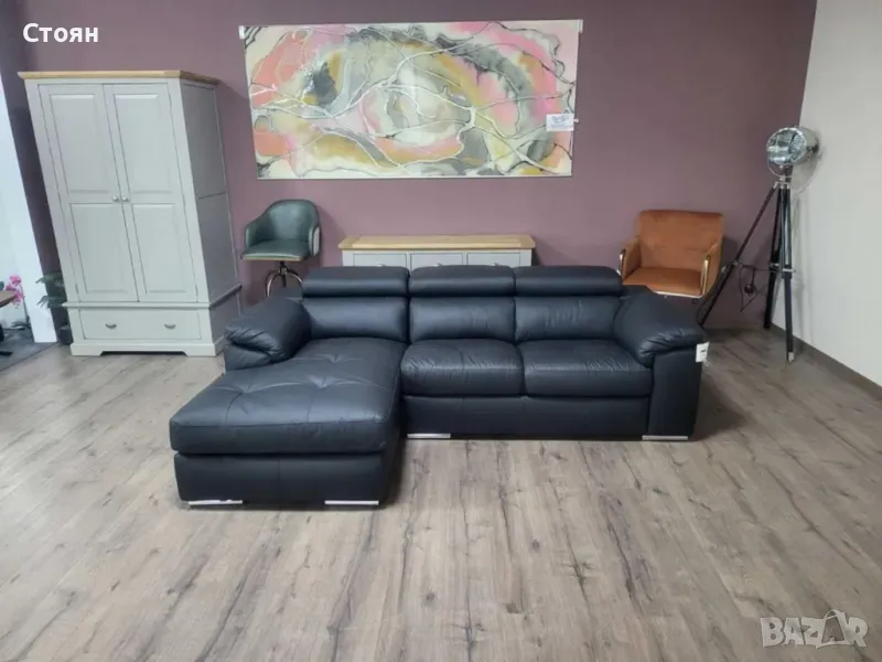 Черен кожен ъглов диван Brady, снимка 1