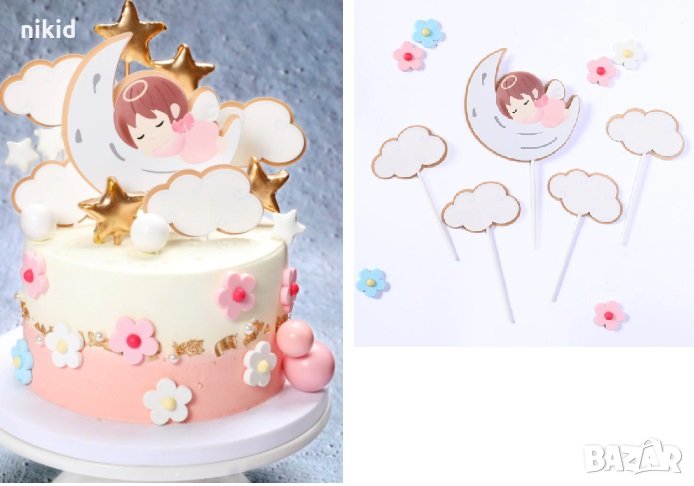 Бебе момиченце ангел на луна и облаци 5 бр картонени топери топер клечки украса торта пита кръщене, снимка 1