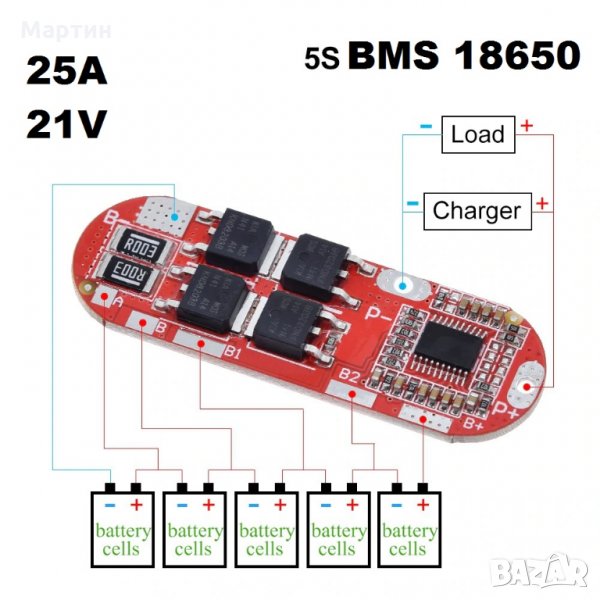 BMS БМС 5S 21V 25A за 18650 литиево-йонна батерия, снимка 1