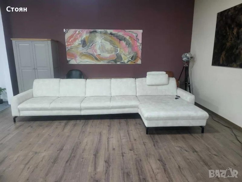 Кремав ъглов диван от плат с лежанка MM-ZE1126 с ел. механизъм, снимка 1