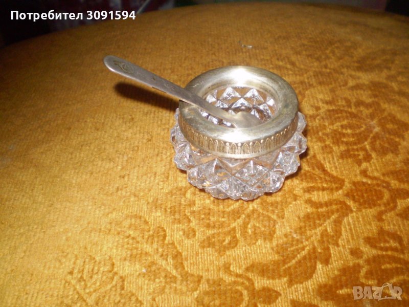 Руски съд за горчица хайвер стъкло метал с лъжичка, снимка 1