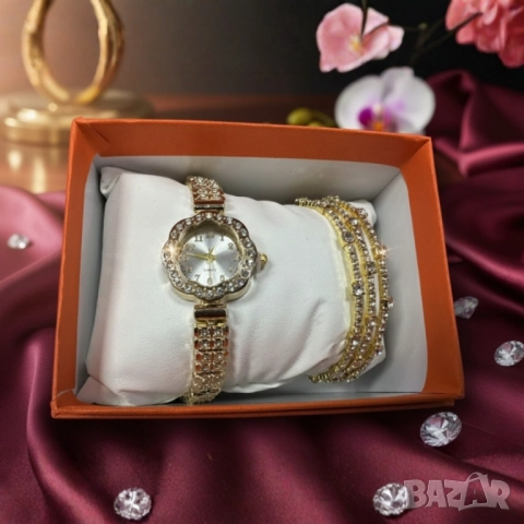 Елегантен дамски комплект – кварцов часовник с гривни в подаръчна кутия, снимка 5 - Бижутерийни комплекти - 51967672