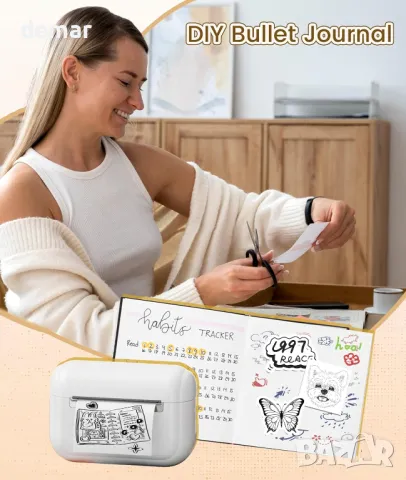 Tattmuse мини термичен принтер Q02E, Bluetooth, с 3 ролки термо хартия, бял, снимка 6 - Принтери, копири, скенери - 49689233