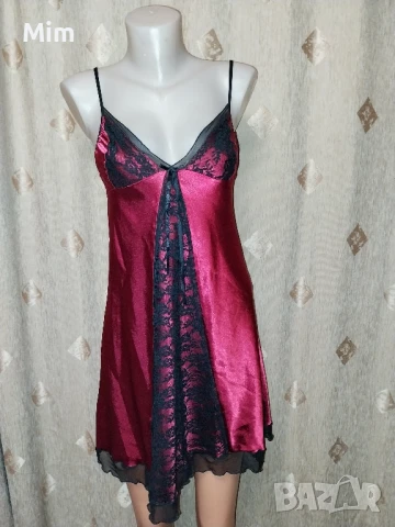 М Сатенена нощница бордо с черна дантела , снимка 2 - Нощници - 50913309