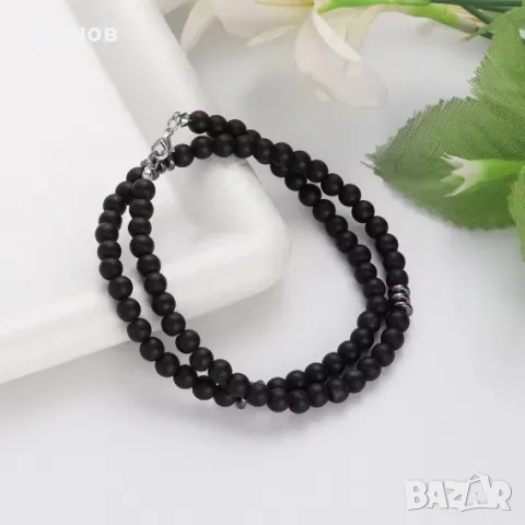 Мъжки гердан от естествени камъни - черен оникс мат, снимка 2 - Колиета, медальони, синджири - 50424138