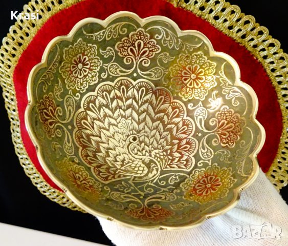 Бронзова купичка за ядки Паун,клетъчен емайл, снимка 8 - Антикварни и старинни предмети - 38459890