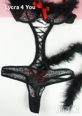 Obsessive S еротично черно тюлено боди с пух и опашка, снимка 10 - Бельо - 44318034