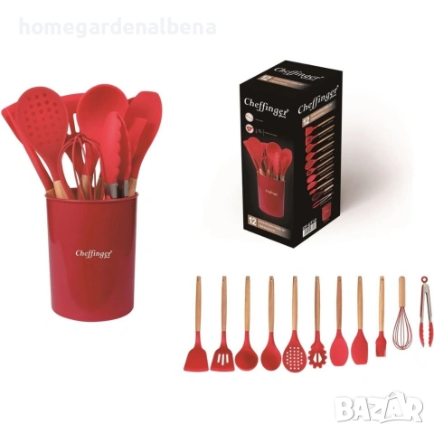 Комплект кухненски прибори Cheffinger 12 части силикон дървени дръжки термоустойчиви , снимка 4 - Прибори за хранене, готвене и сервиране - 54165838