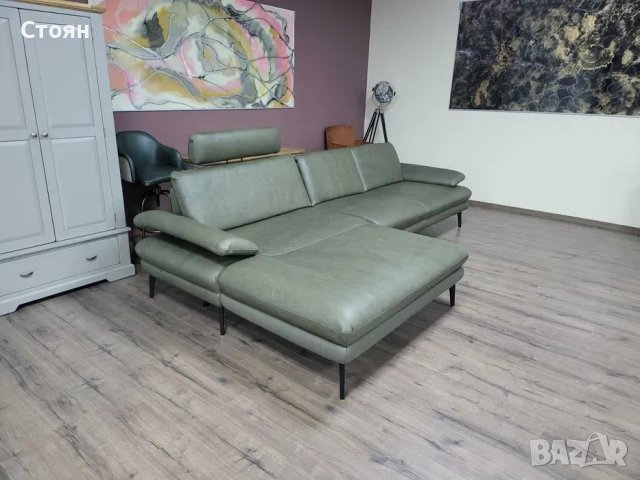 Тъмно зелен кожен ъглов диван с лежанка Dieter Knoll, снимка 4 - Дивани и мека мебел - 44246184