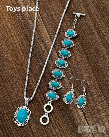 Комплект от 3 части в ретро стил колие, гривна и обеци с мотив тюркоаз , снимка 3 - Бижутерийни комплекти - 51144141