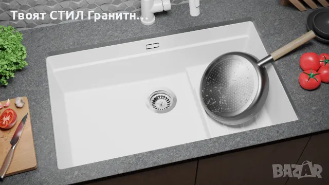 Бяла гранитна мивка за монтаж под плот Прага 80 Step Level 560 x 470 мм, снимка 4 - Мивки - 49811749