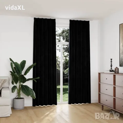 vidaXL Затъмняващи завеси с куки, 2 бр, кадифе, черни, 140x245 см, снимка 2 - Пердета и завеси - 56146017