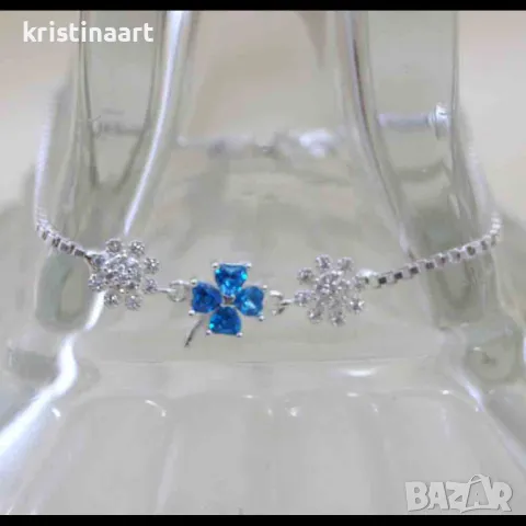 Сребърна гривна * Синя Детелина* с кристали, снимка 3 - Гривни - 48163837