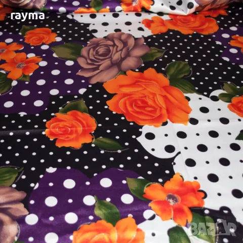 Италиански еластичен сатен принт точки и цветя