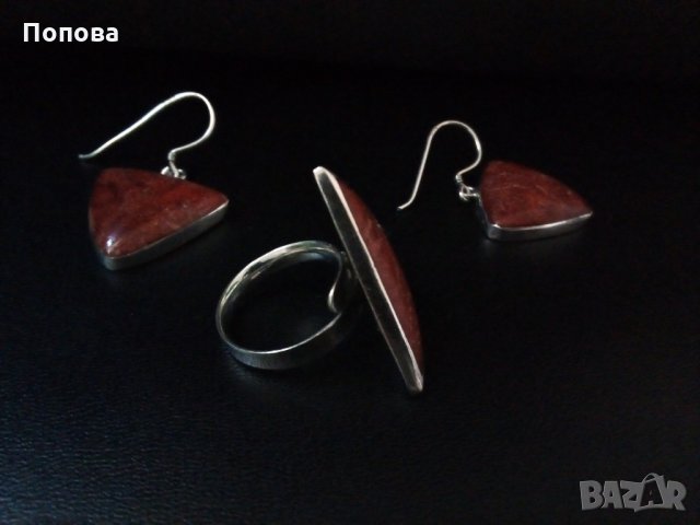 Дизайнерски сребърен комплект  с червен  корал   /обеци и пръстен /, снимка 5 - Бижутерийни комплекти - 30163938