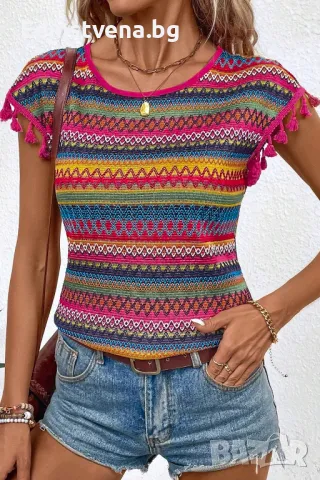 Дамска блуза с етно жакардов десен и къси ръкави с пискюли, снимка 5 - Други - 50130058