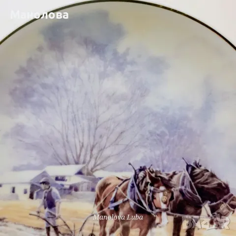 Декоративна порцеланова чиния с тема Working Horses - Autumn - Ploughing , снимка 4 - Антикварни и старинни предмети - 48762642