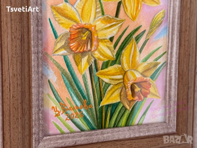 Оригинална картина – нарциси – акварел – идея за подарък, снимка 6 - Картини - 53889148