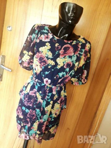 Лилава къса рокля на цветя от шифон С/М