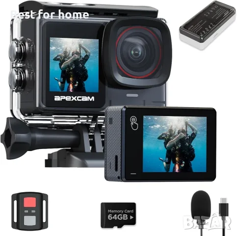 Apexcam Нова X80pro с EIS Двоен екран Спортна камера с 64G карта 4K60FPS 64MP Ultra HD WiFi 