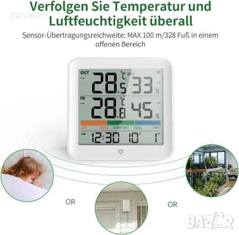 VOCOO вътрешен/външен термометър, безжична метеорологична станция, хигрометър с външен сензор, снимка 7 - Друга електроника - 44697676