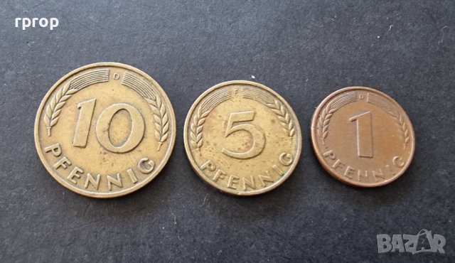 Монети . Германия. 1, 5 и 10 пфенига. 1950 година.