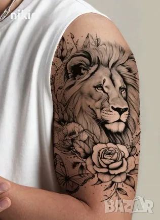 Лъв с рози и пеперуда черно бял временна татуировка татос татус Tattoo