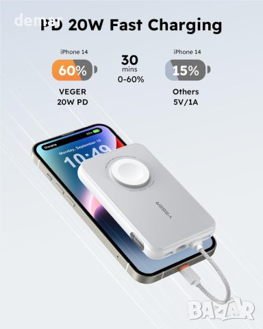 VEGER Power Bank 20W, Вграден кабел за iPhone, 10000mAh, снимка 5 - Външни батерии - 44480375