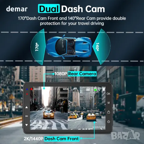 Dash Cam отпред и отзад, 2K, WiFi/БЕЗПЛАТНО ПРИЛОЖЕНИЕ, отпред 170°+140° отзад, снимка 5 - Аксесоари и консумативи - 48167117