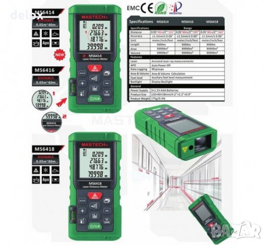 Лазерен дистанциометър MS6416 за измерване на разстояние, площ или обем 60m, снимка 2 - Измервателни инструменти - 31053293