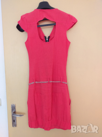 Ленена рокля в цвят корал, снимка 2 - Рокли - 36545883