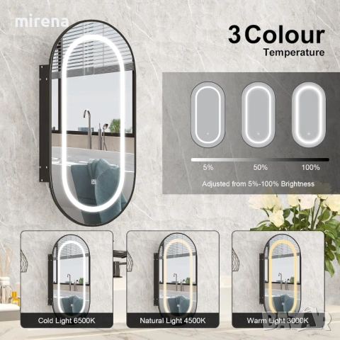 ЛЕД LED огледален шкаф за баня с осветление, 42x80см овален черен, снимка 4 - Шкафове - 53145017