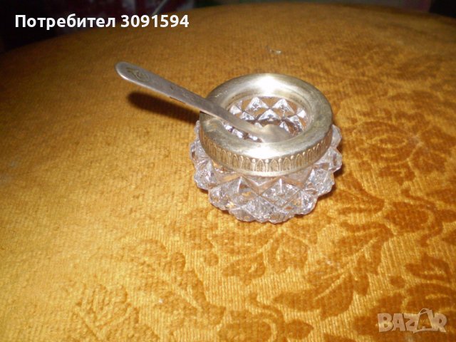Руски съд за горчица хайвер стъкло метал с лъжичка, снимка 1 - Други ценни предмети - 38593942