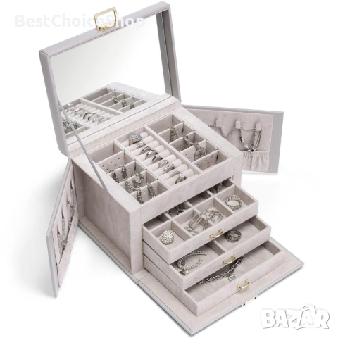 Голяма кутия за бижута от PU кожа с огледало – 4 нива, кадифена подплата