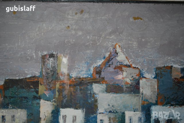 Стара огромна картина, градски пейзаж, Цв. Цветков,1982, снимка 5 - Картини - 31180718