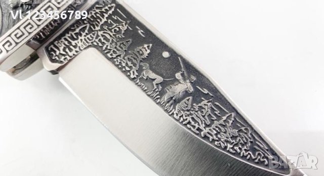 Руски ловен сгъваем нож с кожен калъф гравиран елен и ловец  100х230 мм, снимка 8 - Ножове - 40770204