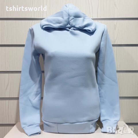 Нов дамски светлосин суичър с качулка и джобчета, снимка 3 - Суичъри - 30655634